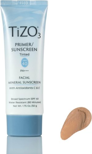 TiZO3 Facial Mineral Sunscreen and Primer, Tinted Broad Spectrum SPF 40 with Antioxidants, Sheer matte finish, Fragrance-Free, Oil-Free, Dermatologist-recommended, PA+++ 1.75 oz