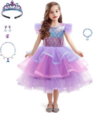Excefore Mermaid Costume for Girls, Princess Dress Girls Party Cosplay Girl Clothing Birthday Princess Dress Kids Costume With Princess Jewelry Crown Set, 120cm