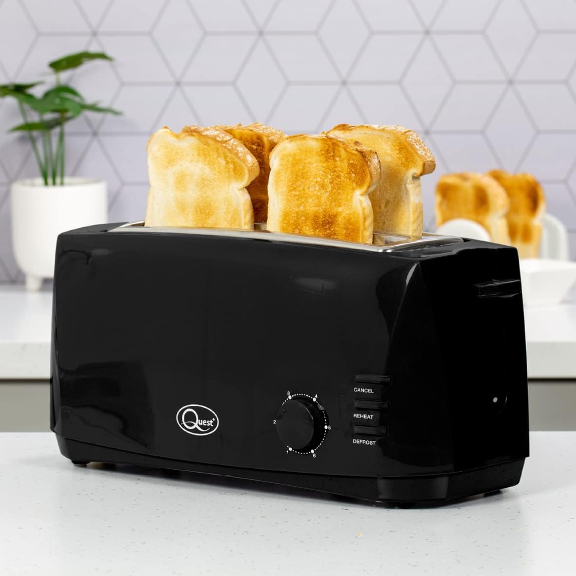 Quest 4 Slice Toaster Black - Extra Wide Long Slots for Crumpets and Bagels - 6 Settings - Reheat and Defrost 2 Quest 4 Slice Toaster Black - Extra Wide Long Slots for Crumpets and Bagels - 6 Settings - Reheat and Defrost - الصورة 2