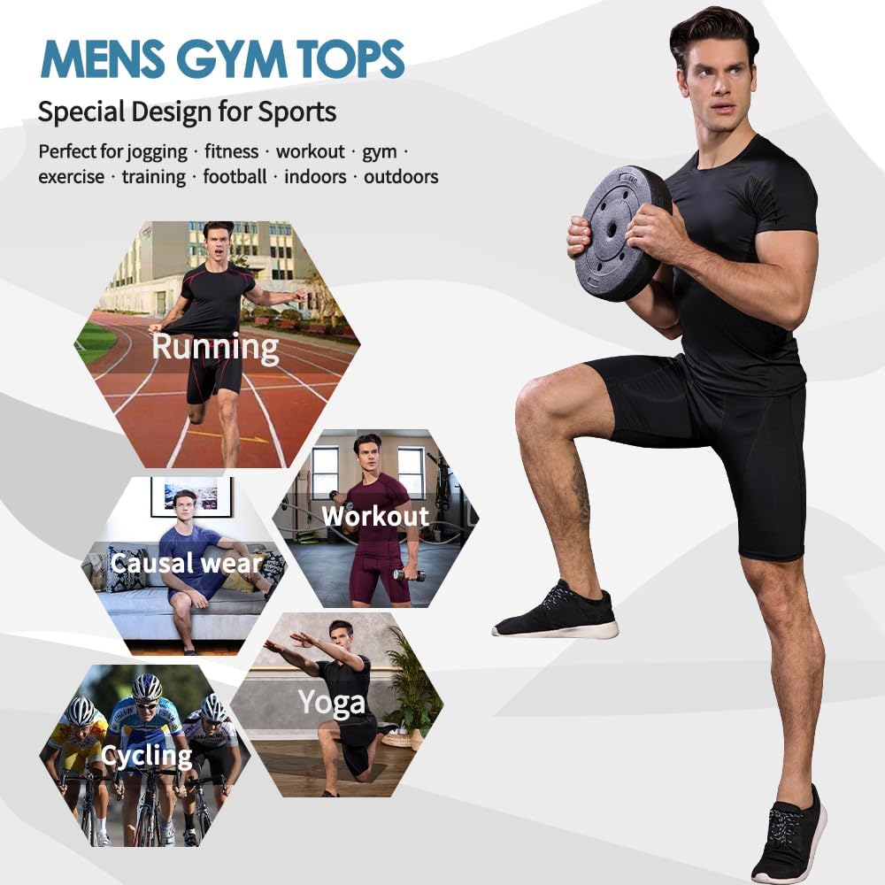 Men's Compression Shirts Short Sleeve Workout Sports T-Shirts Dry Fit Running Tops Gym Base Layer Undershirts 6 Men's Compression Shirts Short Sleeve Workout Sports T-Shirts Dry Fit Running Tops Gym Base Layer Undershirts - الصورة 6