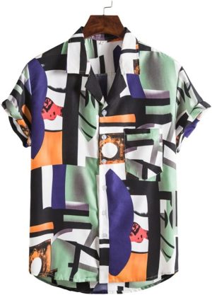 تي شيرتات رجالي من Hot BODY مطبوع عليها تي شيرتات صيفية بأكمام قصيرة ورقبة مطوية بأزرار عادية على الشاطئ (مقاس XXXL)