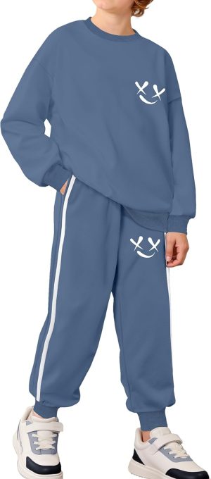 Boys Clothes Solid Fun Prints Kids Clothes Boys Clothing Sets Crewneck Sweatshirt Sweatpants Outfits with Pockets