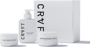 CRVFT Men’s Facial Care Kit | Aloe Vera Face Wash 3oz | Hyaluronic Moisturizer 1oz | Charcoal Exfoliating Scrub 1.7oz | 3 Piece Complete Daily Skin Care System | Look + Feel Your Best [Scented]