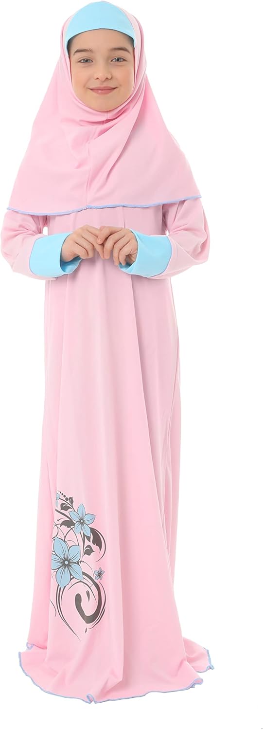 Girl's Prayer Dress with Flower Print and Cuffs 1 Girl's Prayer Dress with Flower Print and Cuffs