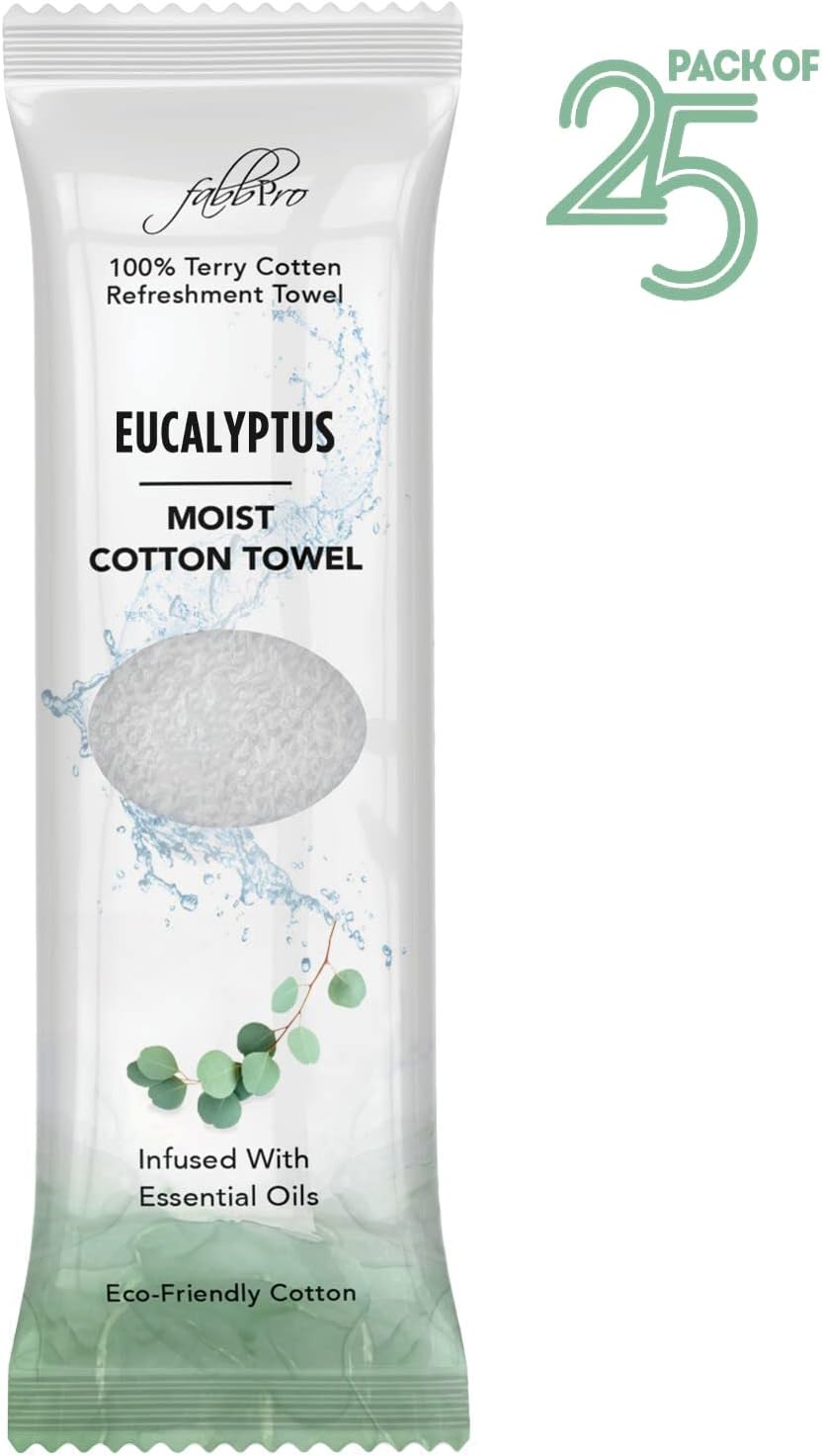 FabbPro Oshibori Moist Terry Cotton Refreshment Towels (25 Pack, 8 x 8 Inches) - White Scented Pre-moistened Towel to Use Hot or Cold (Eucalyptus) 2 FabbPro Oshibori Moist Terry Cotton Refreshment Towels (25 Pack, 8 x 8 Inches) - White Scented Pre-moistened Towel to Use Hot or Cold (Eucalyptus) - الصورة 2