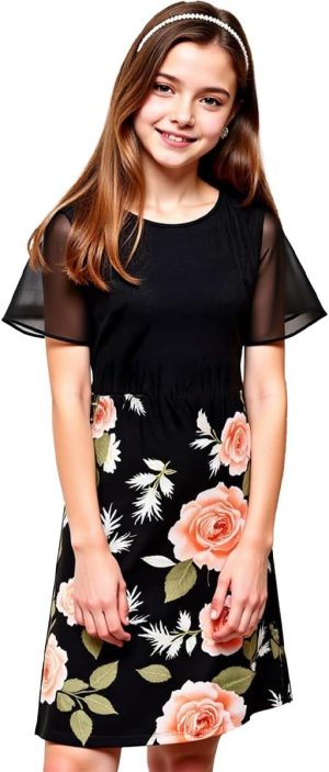 فستان للبنات من اكسولينوفا، بلوزة جيرسيه مطاطية تشبه القطن وتنورة قماشية قابلة للتمدد في 4 اتجاهات، بطباعة زهور، مجموعة واحدة للاعمار من 8-12 سنة، للصيف، للارتداء اليومي، الكاجوال، العطلات