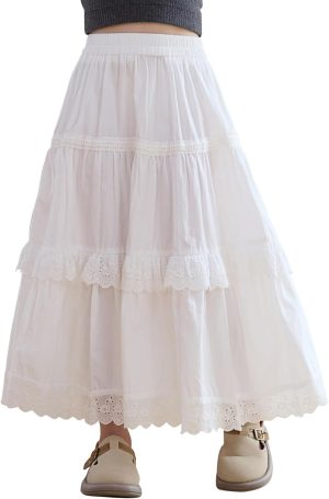SEAUR Girls Maxi Skirt with Ruffle Tier Casual Kids Skirt with Pocket A-Line Elastic Waist Cotton Blend School Daily Casual Party Summer Wear 3-12 Years