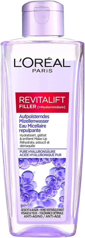 L'Oréal Paris Hydrating Hyaluronic Micellar Water, Anti-Ageing Facial Cleansing with Pure Hyaluronic Acid, Make Up Remover, Revitalift Filler, 200 ml