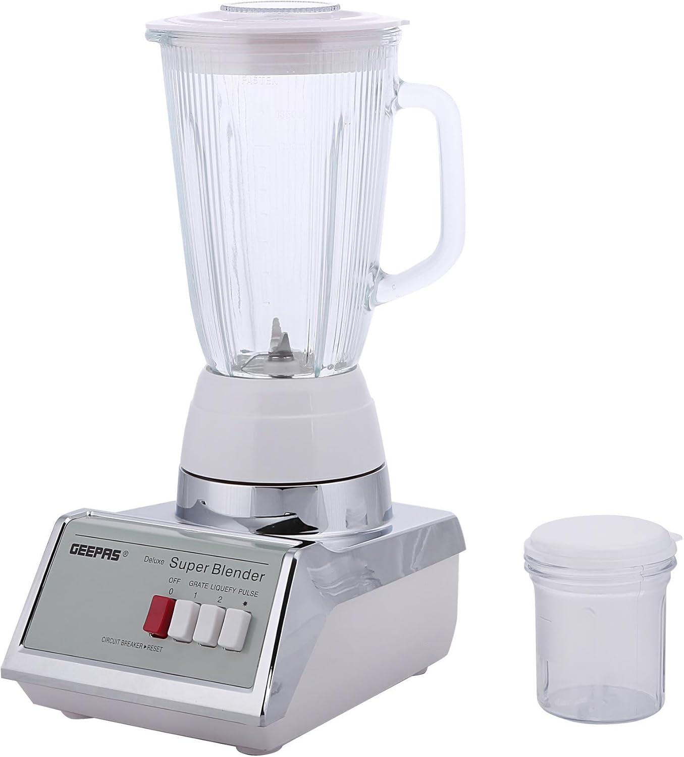 Geepas 450W Stainless Steel Blender - 2 Speed Control, Overheat Protection, Plastic jar, Sharp Blades & Mill Chopping Blender, Anti-Slip Feet Design White/Silver, 1.4L GSB1603 1 Geepas 450W Stainless Steel Blender - 2 Speed Control, Overheat Protection, Plastic jar, Sharp Blades & Mill Chopping Blender, Anti-Slip Feet Design White/Silver, 1.4L GSB1603
