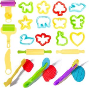 Montchi 20pcs Playdough Tools and Cutters, Clay Dough Tool Kit Plastic Colorful DIY Play Dough Tools Set Plasticine Modelling Tools Clay Rollers and Cutters for Kids, Random Color