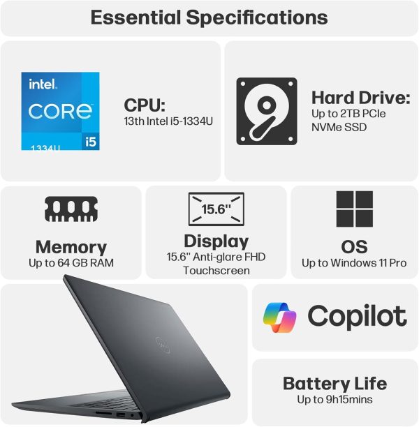 ⁦Dell Inspiron 15.6" Touchscreen Laptop, 13th Gen Intel Core i5-1334U, 64GB RAM 2TB SSD, Windows 11 Pro, USB-C HDMI, Lifetime Office Lightweight Student & Business Laptop Computer, w/Mytrix Accessory⁩ - الصورة ⁦2⁩