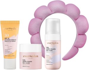 Evereden Kids Skincare Bundle: 1-2-3 Routine with Multi-Vitamin Peach Face Wash, Cream, SPF 30 & Spa Headband – Gentle, Nourishing Skincare & Fun Hair Management for Kids – Perfect for Daily Care