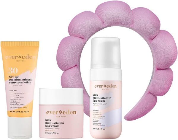Evereden Kids Skincare Bundle: 1-2-3 Routine with Multi-Vitamin Peach Face Wash, Cream, SPF 30 & Spa Headband – Gentle, Nourishing Skincare & Fun Hair Management for Kids – Perfect for Daily Care