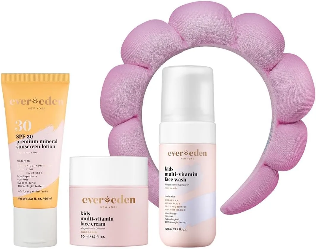 Evereden Kids Skincare Bundle: 1-2-3 Routine with Multi-Vitamin Peach Face Wash, Cream, SPF 30 & Spa Headband – Gentle, Nourishing Skincare & Fun Hair Management for Kids – Perfect for Daily Care