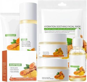 Turmeric Skin Care Set, Azonee Anti-Aging Glowing Skin 11 Pcs Kit with Face Wash, Soap, Toner, Serum, Face Cream, Eye Cream, Mask * 5, Skincare Set for Dark Spot Corrector Remover