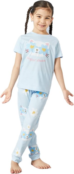 REDTAG Girls Cat Print Pyjama Set (2 Piece)