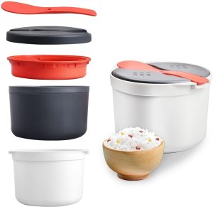 JKJ&ZXZ Microwave Rice Cooker, 2L Microwave Pasta Cooker 2 Layer Microwave Vegetable Steamer with Strainer Non-Stick Rice Cooker for Microwave Dishwasher Safe