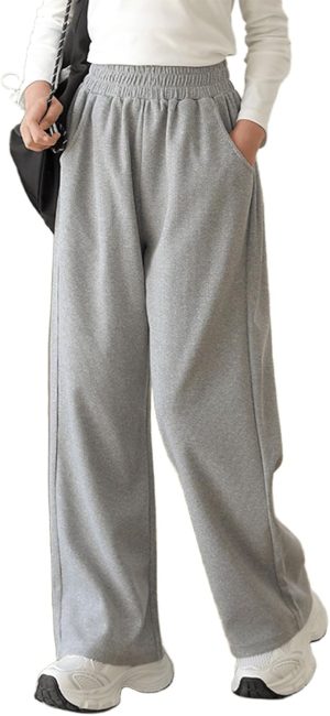 سروال رياضي واسع الساق للبنات بقصة مستقيمة وفضفاضة وخصر مرتفع وجيوب للأطفال بعمر 6-14 سنة من دجينكسا