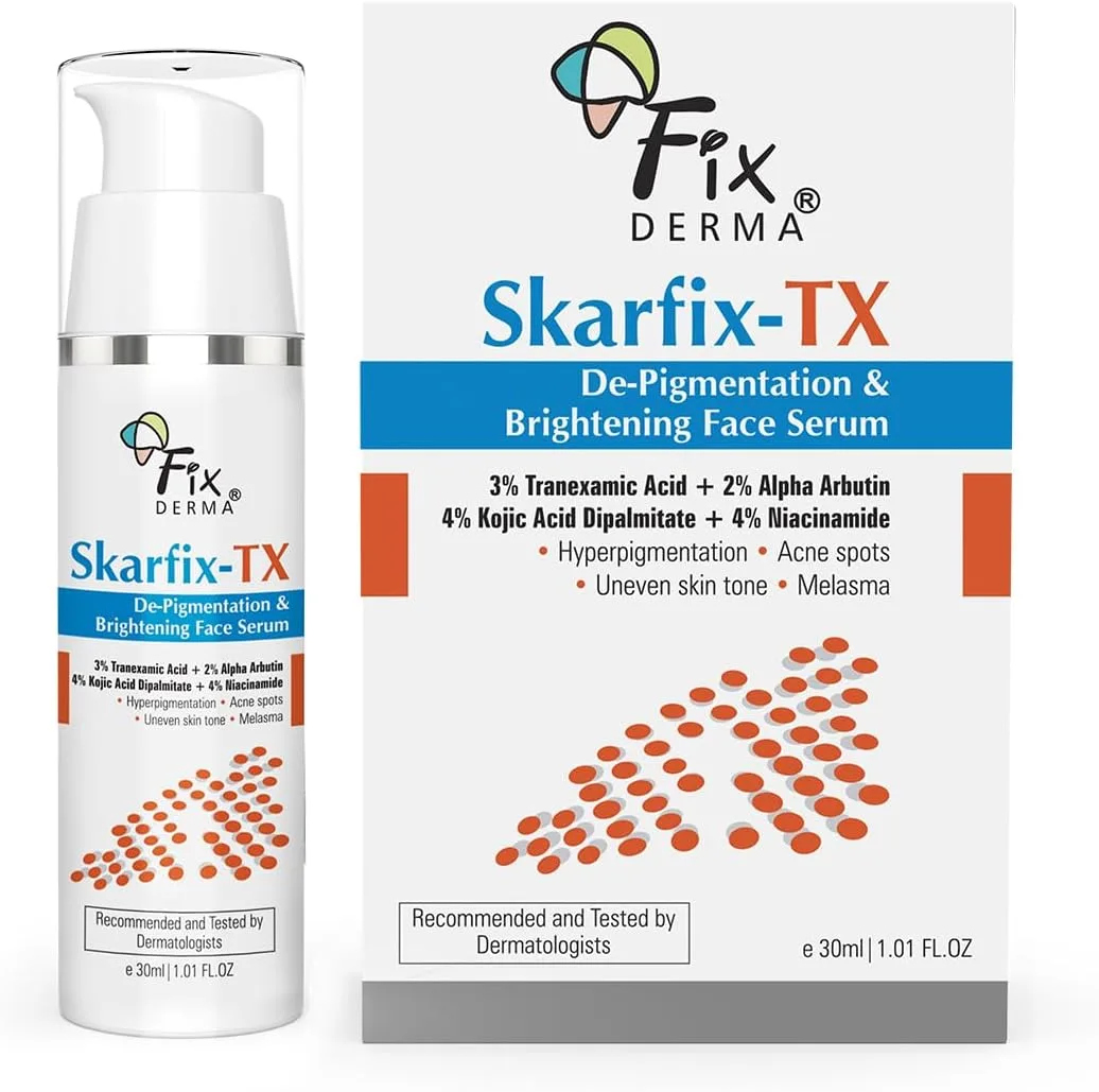Fixderma Skarfix-TX Face Serum with 4% Kojic Acid, 4% Niacinamide Serum, 3% Tranexamic Acid & 2% Alpha Arbutin | Treats Hyper Pigmentation & Melasma | Reduce Acne Spots | brightening the Skin - 30Ml