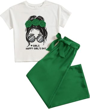 بدلة كاجوال للبنات، ملابس كاجوال للبنات مكونة مع بلوزة قصيرة + سروال سادة مع حزام لعمر 7-12 سنة من فيري نيو جيرلز، قطعتين