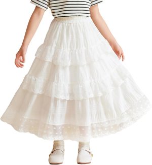 SEAUR Girls Maxi Skirt with Ruffle Tier Casual Kids Skirt with Pocket A-Line Elastic Waist Cotton Blend School Daily Casual Party Summer Wear 3-12 Years