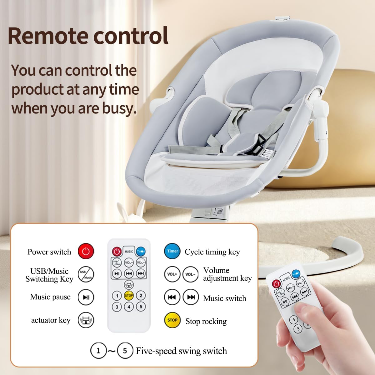 3-in-1 Baby Swing, Electric Rocker and Bouncer Chair, 5 Swing Speed, 10 Lullabies, Remote Control, Timing and Bluetooth Function, With Mosquito Net, 5-Point Harness,Gray with White 2 3-in-1 Baby Swing, Electric Rocker and Bouncer Chair, 5 Swing Speed, 10 Lullabies, Remote Control, Timing and Bluetooth Function, With Mosquito Net, 5-Point Harness,Gray with White - الصورة 2