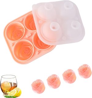 Duomama 3D Rose Ice Cube Maker - Make 4 Rose Shape Ice Cubes - Silicone Fun Big Ice Ball Maker for fruit juices coffee, tea, and more, Dishwasher Safe