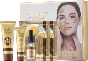 مجموعة من 5 قطع لترطيب الوجه من الذهب عيار 24k - تتضمن منظف لطيف وسيروم مرطب وقناع تقشير الكولاجين وعبوة مزدوجة من أقنعة العين بخلاصة الكولاجين للعناية الشاملة بالوجه