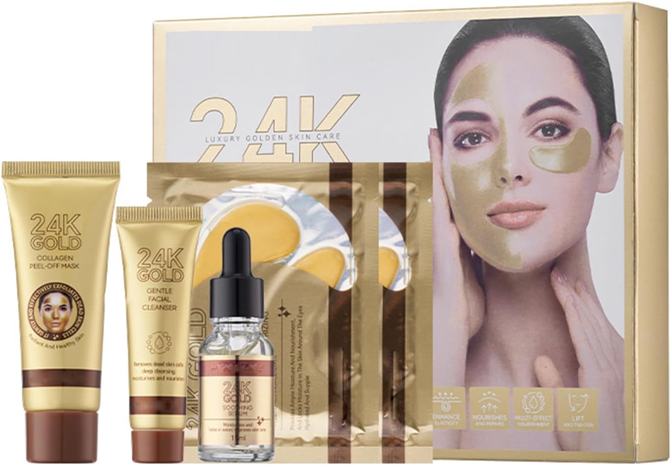 مجموعة من 5 قطع لترطيب الوجه من الذهب عيار 24k - تتضمن منظف لطيف وسيروم مرطب وقناع تقشير الكولاجين وعبوة مزدوجة من أقنعة العين بخلاصة الكولاجين للعناية الشاملة بالوجه 1 مجموعة من 5 قطع لترطيب الوجه من الذهب عيار 24k - تتضمن منظف لطيف وسيروم مرطب وقناع تقشير الكولاجين وعبوة مزدوجة من أقنعة العين بخلاصة الكولاجين للعناية الشاملة بالوجه