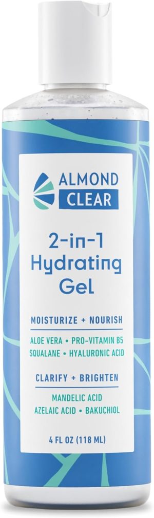 Almond Clear 2-in-1 Hydrating Gel | Lightweight Mandelic Acid Moisturizer for Oily, Blemish-Prone Skin | Aloe Vera, Squalane, Hyaluronic Acid, Mandelic Acid, Bakuchiol | 4 oz