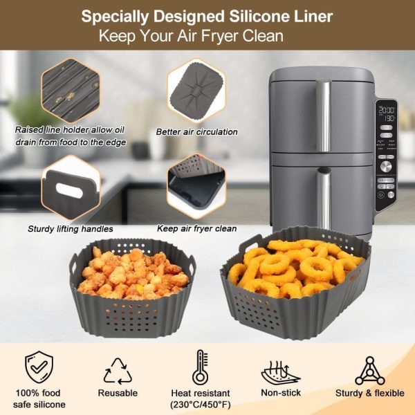 ⁦Tazweeq 2 Pcs Silicone Air Fryer Liners for Ninja SL401, Double Stack 2 Basket Airfryer, Reusable Rectangle Perforated Silicone Liners for Dual Airfryer (Gray)⁩ - الصورة ⁦3⁩