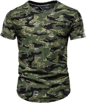 تي شيرت رجالي من هوت بودي بتصميم كلاسيكي مموه مطبوع عليه تيشرت صيفي باكمام قصيرة وقبة كاجوال وملابس الشارع (المقاس: L)