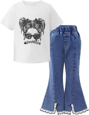 طقم تيشيرت بطبعة جرافيك وبنطلون جينز واسع للبنات من ستايلي
