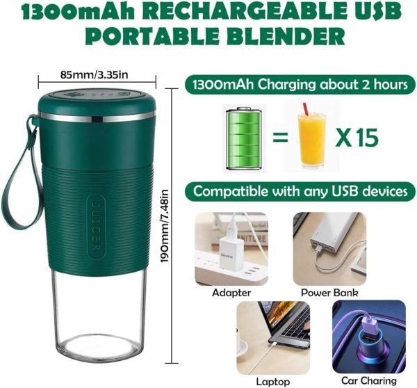 ⁦SYOSI Portable Blender Cup 300 ML Personal Blender Smoothie Maker Make Healthy Smoothies for Travel Sports Kitchen, Juicer with Stainless Steel Two-blade Cutter Head Fruit Juice Mixer Battery Powered⁩ - الصورة ⁦6⁩