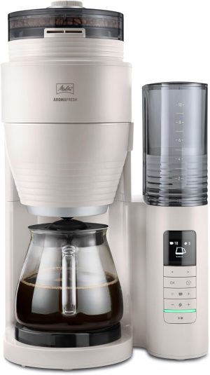 Melitta AromaFresh Pro X Coffee Maker with Grinder, Filter Coffee Maker with Glass Jug and Removable Water Tank, Holds Up to 10 Cups of Coffee, Warm Grey