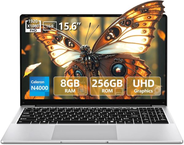 15.6 inch Laptop, Laptops with Celeron N4000, 2025 Gaming Laptop for 8GB LPDDR4 256GB SSD, IPS FHD 1920x1080, WiFi+BT4.2+Mini HDMI+TF Card Slot, Traditional Laptops Computers Convertible 180° Netbook