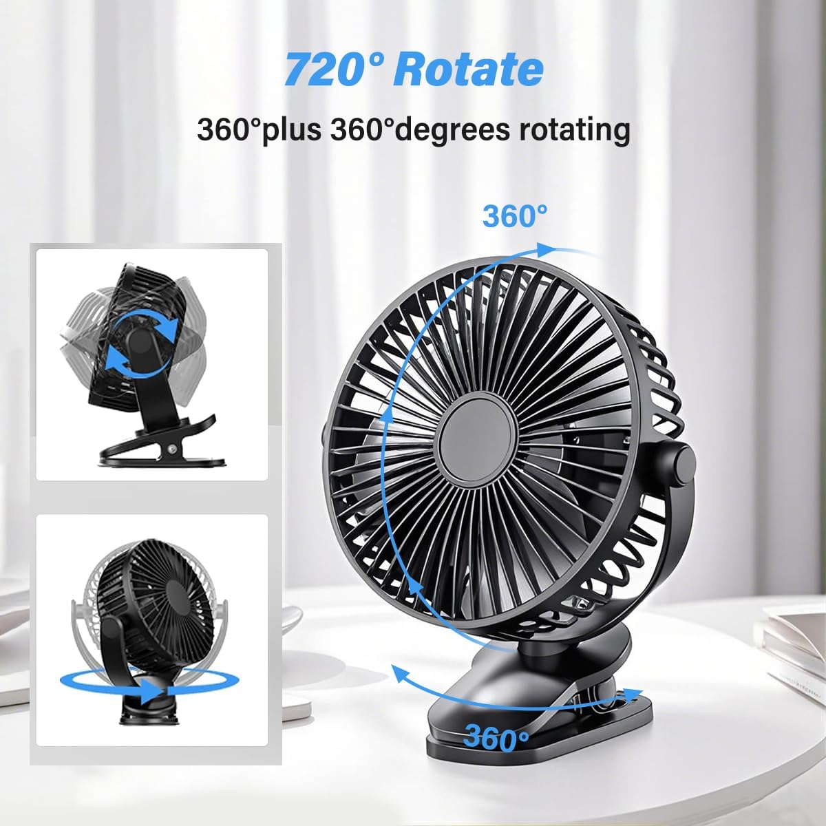 USB Desk Fan, Small But Powerful, Personal Portable Clip-on Fan with 3 Speeds Wind, 720° Rotate Personal Fan for Home or Office, Black 4 USB Desk Fan, Small But Powerful, Personal Portable Clip-on Fan with 3 Speeds Wind, 720° Rotate Personal Fan for Home or Office, Black - الصورة 4