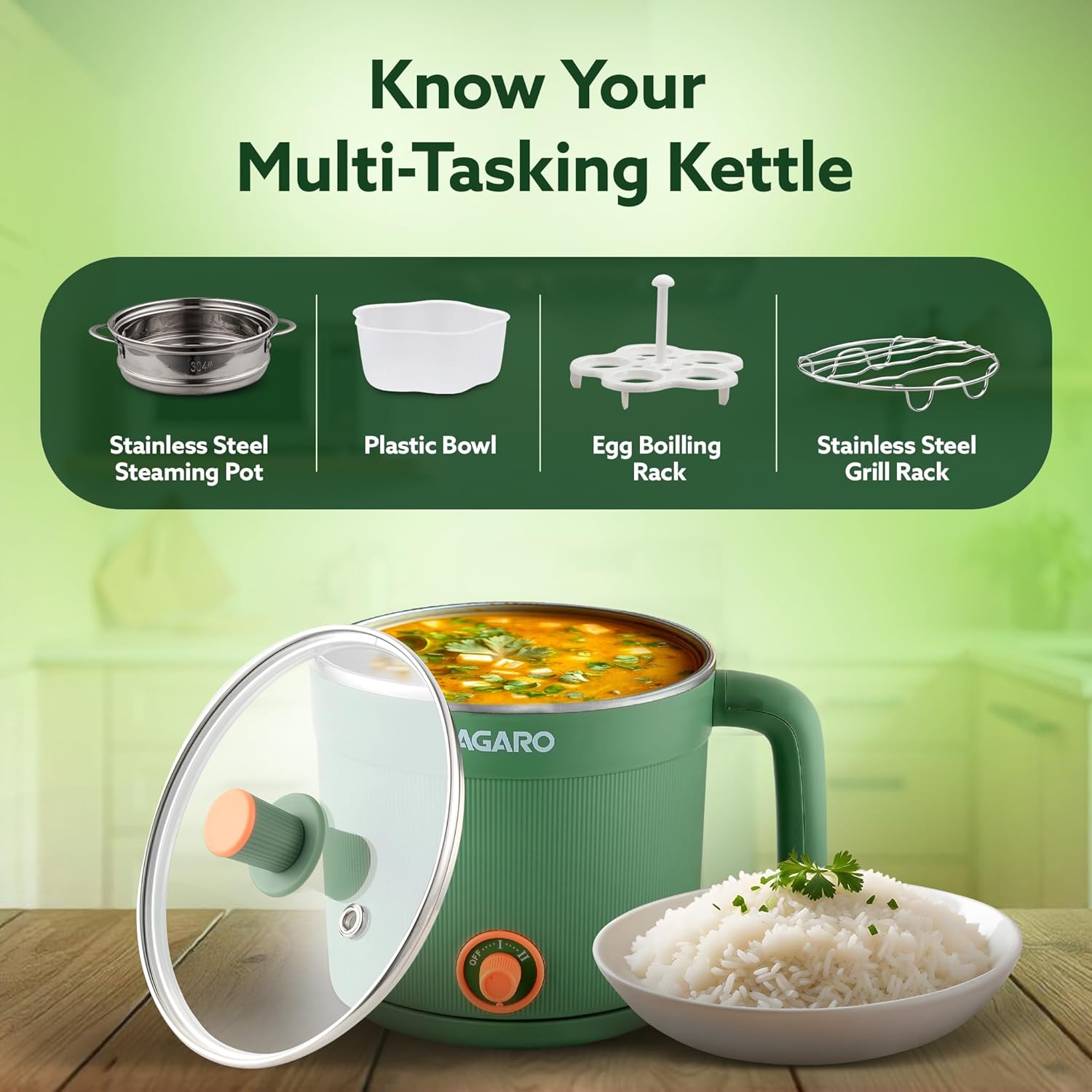 AGARO Regency Multi Cook Kettle With Steamer, 1.2L Inner Pot, Double Layered Body, Variable Temperature Settings, Wide Mouth, Boiling, Steaming, Tea, Coffee, Egg, Vegetable Boiling, 600W, Sea Green 5 AGARO Regency Multi Cook Kettle With Steamer, 1.2L Inner Pot, Double Layered Body, Variable Temperature Settings, Wide Mouth, Boiling, Steaming, Tea, Coffee, Egg, Vegetable Boiling, 600W, Sea Green - الصورة 5