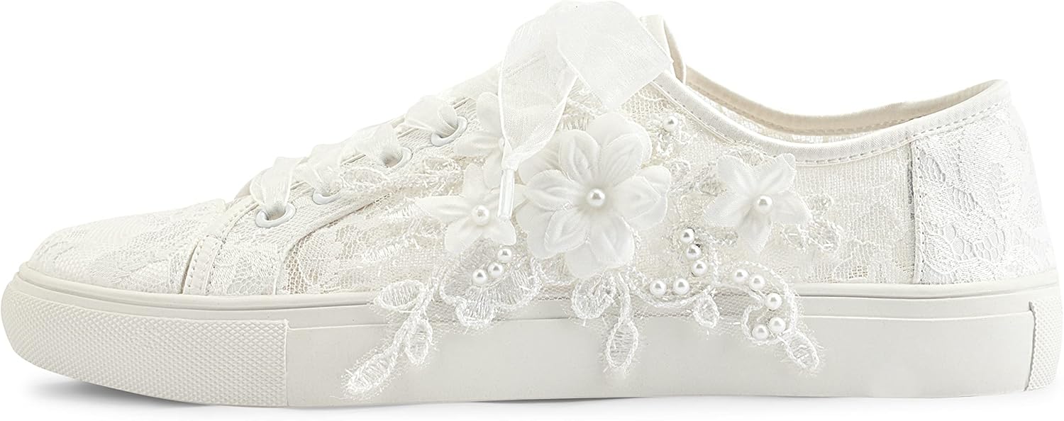 JIAJIA 8836 Wedding Shoes Bridal Sneakers Flats Bride Tennis Shoes Flowers Lace Sneakers, Ivory 5 JIAJIA 8836 Wedding Shoes Bridal Sneakers Flats Bride Tennis Shoes Flowers Lace Sneakers, Ivory - الصورة 5