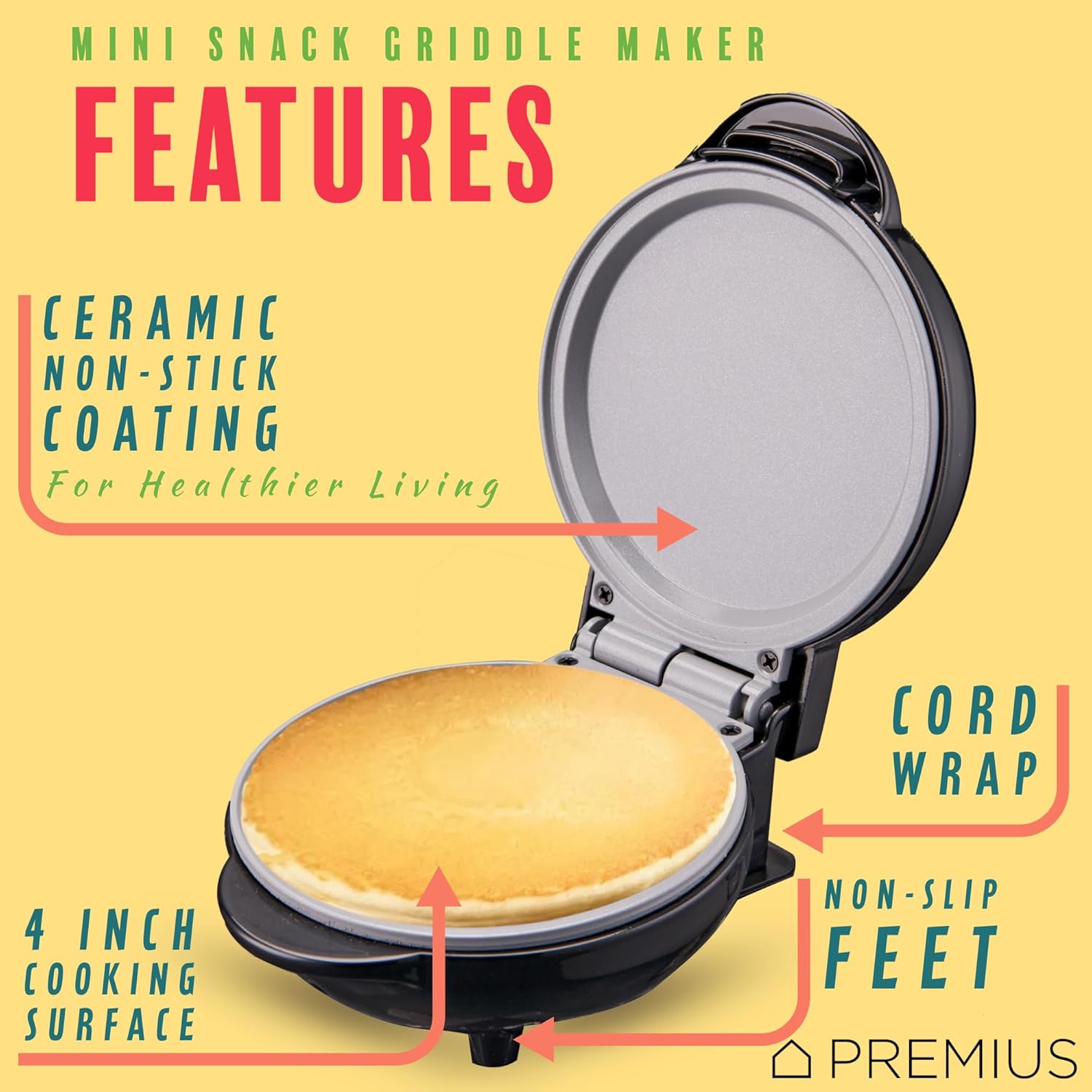 PREMIUS Ceramic NonStick Mini Snack Griddle Maker, 4” Mold, Quick Heat Up, Individual Fluffy Pancakes, Grilled Cheese, Eggs, Pizzas, Cookies & On-the-Go Breakfast & Lunch, Just Add Batter (Black) 2 PREMIUS Ceramic NonStick Mini Snack Griddle Maker, 4” Mold, Quick Heat Up, Individual Fluffy Pancakes, Grilled Cheese, Eggs, Pizzas, Cookies & On-the-Go Breakfast & Lunch, Just Add Batter (Black) - الصورة 2