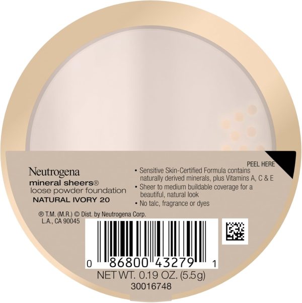 ⁦Neutrogena Mineral Sheers Lightweight Loose Powder Makeup Foundation with Vitamins A, C, & E, Sheer to Medium Buildable Coverage, Skin Tone Enhancer, Face Redness Reducer, Natural Ivory 20,.19 oz⁩ - الصورة ⁦9⁩
