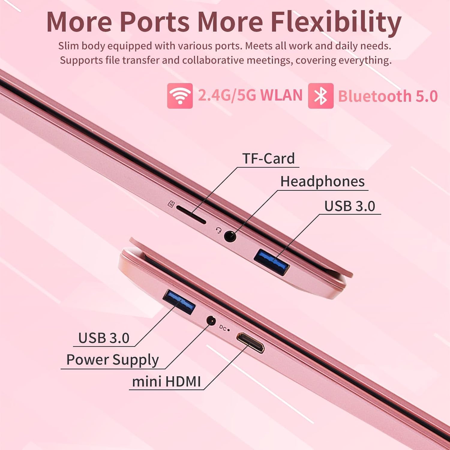 BINHENGLON 15.6 inch Laptops Computer Celeron N95 FHD 16G RAM SSD Large Screen Bluetooth 5.0 Fingerprint Laptop Windows 11 Ultrabook Wi-Fi 2.4GHz/5GHz, USB3.0(Rose Gold, 16G+512GB SSD) 3 BINHENGLON 15.6 inch Laptops Computer Celeron N95 FHD 16G RAM SSD Large Screen Bluetooth 5.0 Fingerprint Laptop Windows 11 Ultrabook Wi-Fi 2.4GHz/5GHz, USB3.0(Rose Gold, 16G+512GB SSD) - الصورة 3