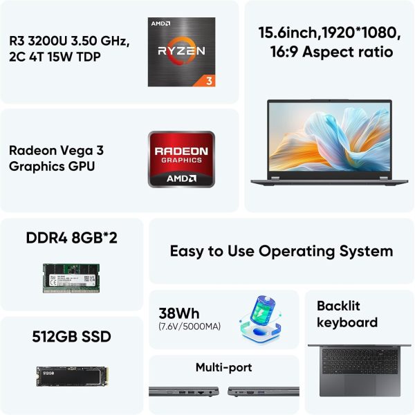 ⁦AE86 15.6" 2-in-1 Laptop | 16GB DDR4 RAM 512GB Storage | AMD Ryzen 3 3200U (up to 3.5GHz) | AMD Radeon Vega 3 | FHD Touchscreen | Windows 11 Pro | Wi-Fi 5 | BT5.1 | RJ45 | Backlit Keyboard (Upgraded)⁩ - الصورة ⁦4⁩