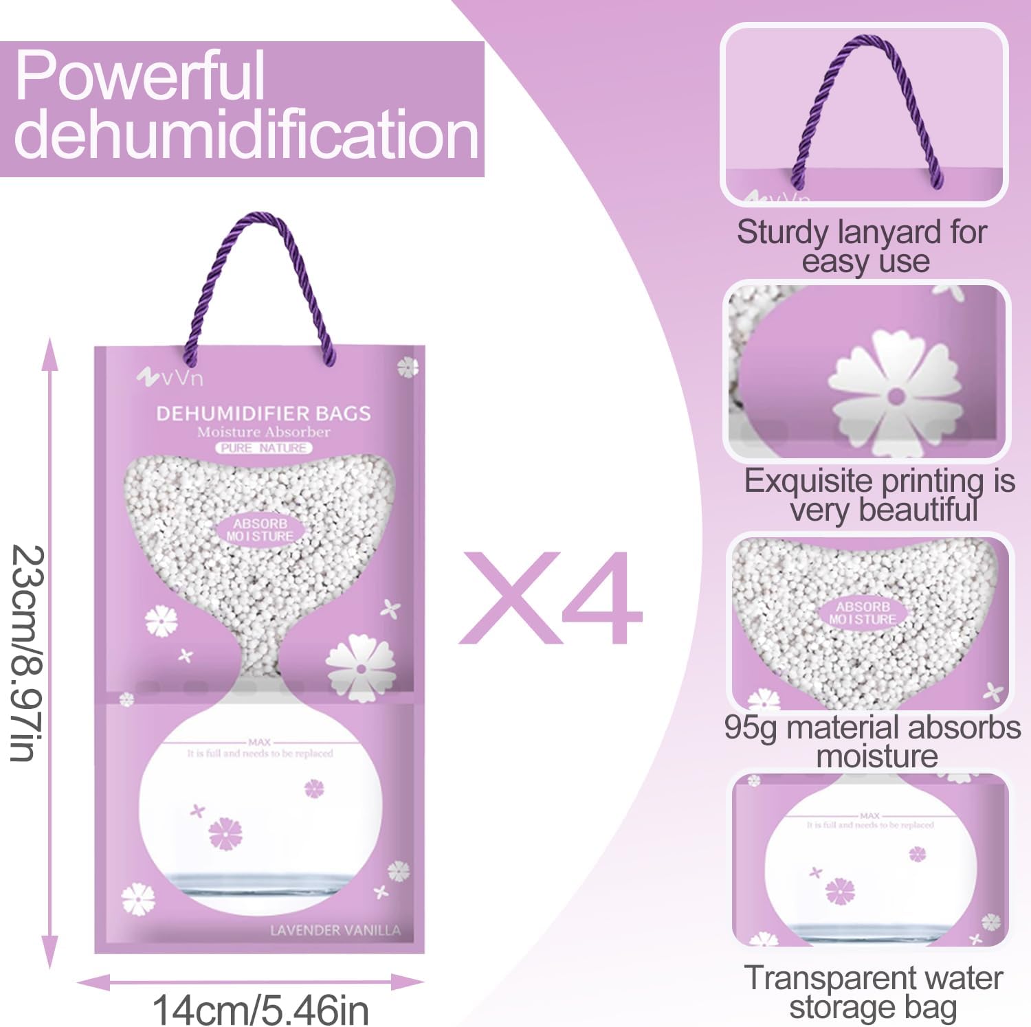 Hanging Dehumidifier, Humidity Pack 4 Packs 95 g x 500 ml, Dehumidifier Cabinet with Moisture Catcher Crystals, for Cabinets, Home, Kitchen, Garage, Moisture, Anti-Mould, Deodorising (Purple) 2 Hanging Dehumidifier, Humidity Pack 4 Packs 95 g x 500 ml, Dehumidifier Cabinet with Moisture Catcher Crystals, for Cabinets, Home, Kitchen, Garage, Moisture, Anti-Mould, Deodorising (Purple) - الصورة 2