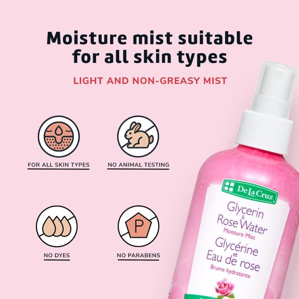 ⁦De La Cruz Rose Water and Glycerin Spray for Face - Rosewater Facial Toner and Moisturizer Mist for Skin and Hair 8 fl oz (236 mL)⁩ - الصورة ⁦3⁩