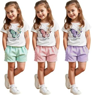 Xulinova Girls Butterfly Print T-Shirt & Shorts Set 4–8Y, ملابس اطفال بنات صيفية, ملابس, طقم العيد للبنات