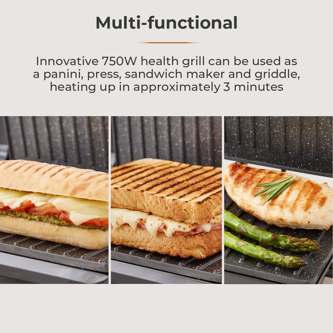 Tower T27038 3 Portion Health Grill and Panini Grill with Non-Stick Cerastone Coating, 750W, Black & Stainless Steel 3 Tower T27038 3 Portion Health Grill and Panini Grill with Non-Stick Cerastone Coating, 750W, Black & Stainless Steel - الصورة 3