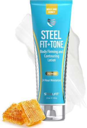 SteelFit Steel Fit + Tone - Body Firming and Contouring Lotion - 3% Unislim - 24 Hour Moisturizer - Collagen - Shea Butter - Cocoa Butter - Aloe Vera - Gotu Kola - 8 fl. oz. (237 mL) (Milk and Honey)