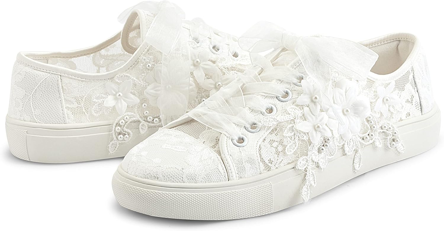 JIAJIA 8836 Wedding Shoes Bridal Sneakers Flats Bride Tennis Shoes Flowers Lace Sneakers, Ivory 4 JIAJIA 8836 Wedding Shoes Bridal Sneakers Flats Bride Tennis Shoes Flowers Lace Sneakers, Ivory - الصورة 4