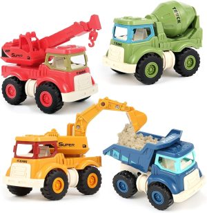 Construction Toys, Sandbox Excavator Toy, Construction Truck Toys, Vehicles Dump Crane Cement Mixer Truck, Birthday Gifts, Bulldozer Toy, For 1 2 3 4 5 Years Old Boys Girls Kids Toddlers (4 Pack)